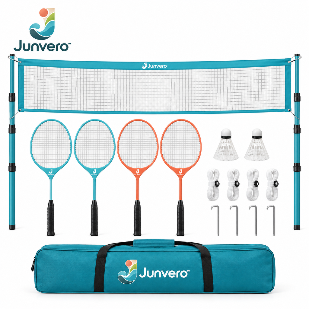 Junvero™ RallyYard Backyard Badminton Set – Portable Net, Rackets & Shuttlecock Game Kit for Family Outdoor Play
