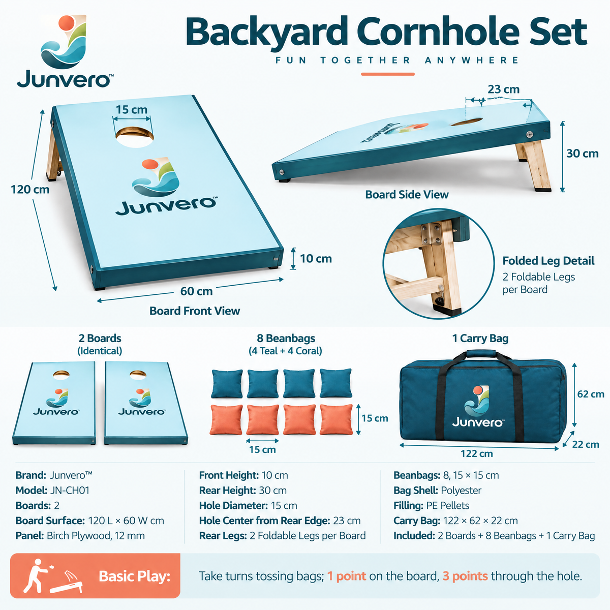 Junvero™ YardToss Cornhole Board Set – Portable Backyard Bean Bag Toss Game for Family Gatherings, Parties & Outdoor Fun