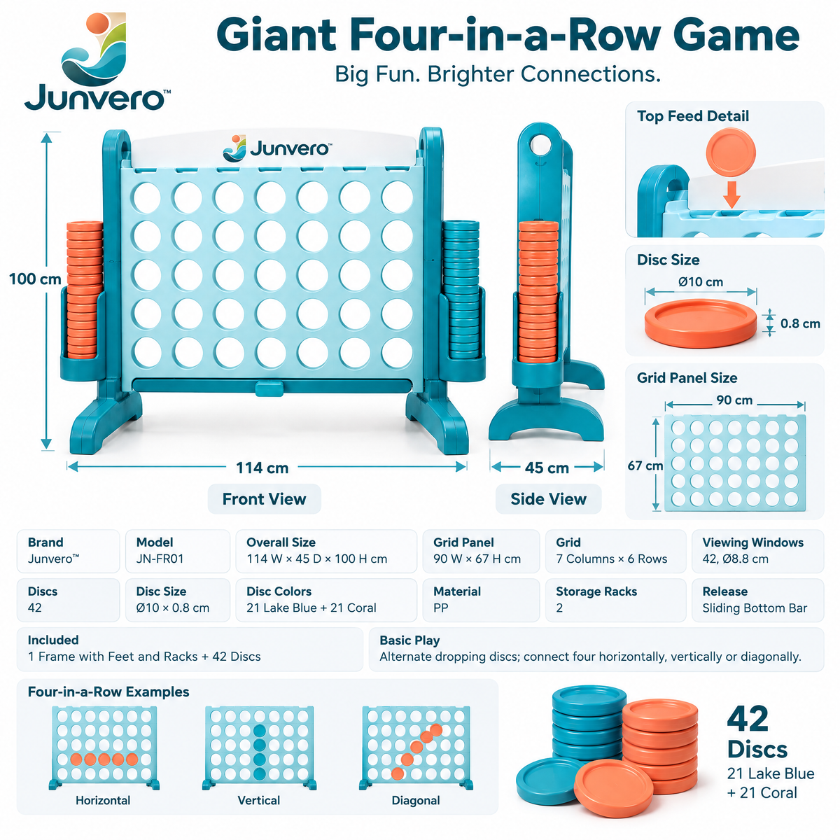 Junvero™ FourRise Giant Four-in-a-Row Game – Oversized Strategy Game Set for Backyard Parties, Family Gatherings & Outdoor Fun