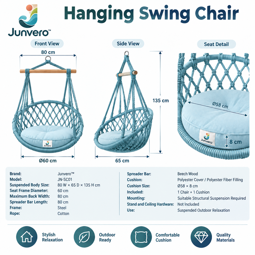 Junvero™ SwayNest Hanging Swing Chair – Suspended Lounge Seat for Backyard, Porch, Patio & Relaxing Outdoor Spaces