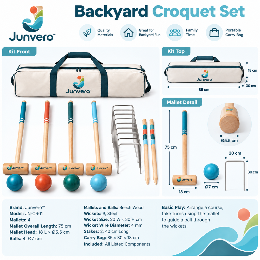 Junvero™ GateTrail Croquet Set – Complete Lawn Mallet Game Kit for Backyard Gatherings, Family Play & Outdoor Recreation