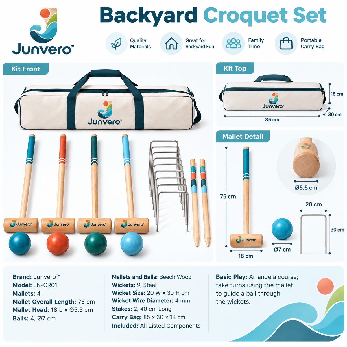 Junvero™ GateTrail Croquet Set – Complete Lawn Mallet Game Kit for Backyard Gatherings, Family Play & Outdoor Recreation