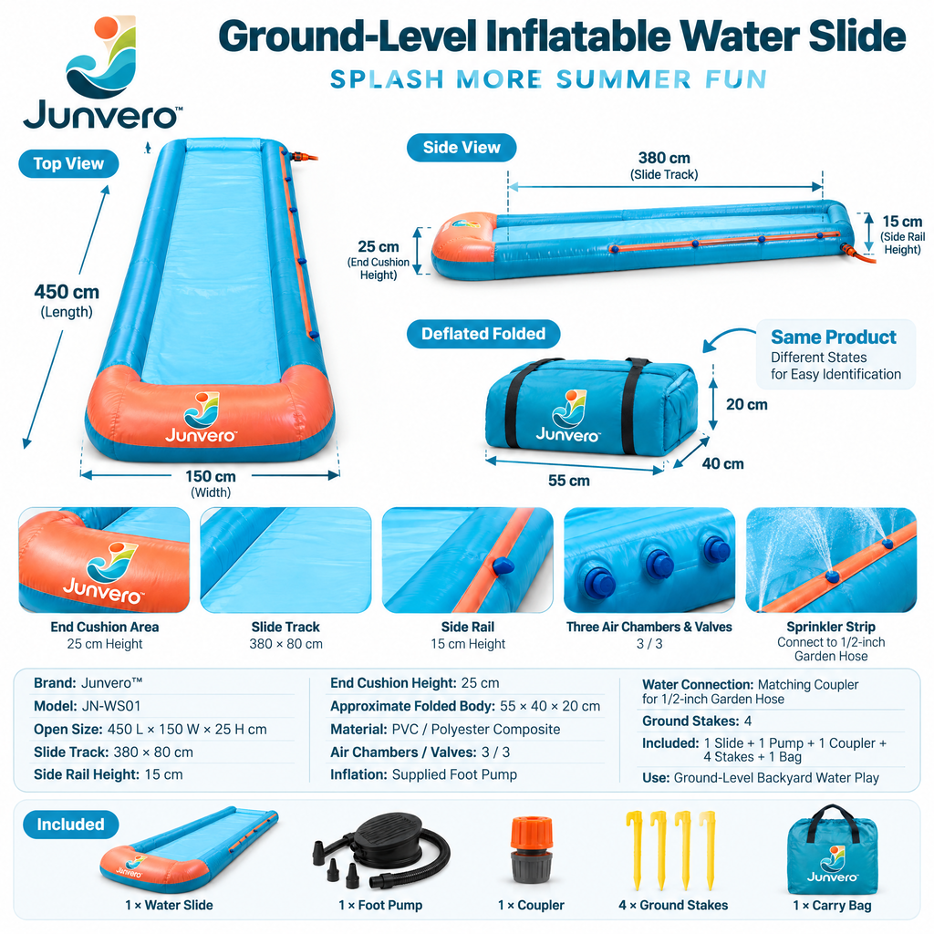 Junvero™ AquaRush Inflatable Water Slide – Backyard Splash Slide with Water Spray for Summer Outdoor Family Fun