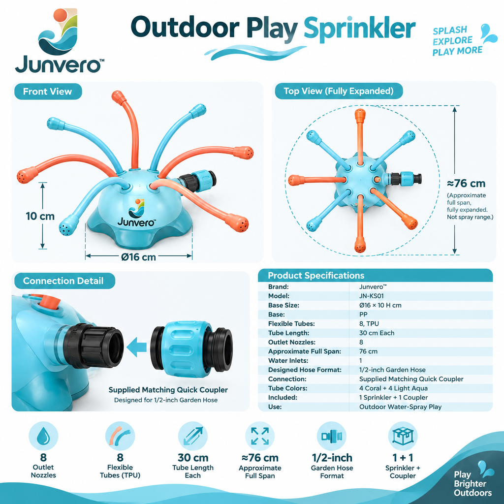 Junvero™ SpraySpin Kids Outdoor Sprinkler – Interactive Backyard Water Sprayer for Summer Lawn Play & Family Fun