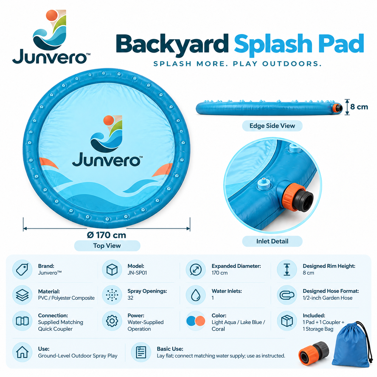 Junvero™ SplashOrbit Backyard Splash Pad – Outdoor Water Play Mat with Surrounding Sprinkler Jets for Summer Family Fun