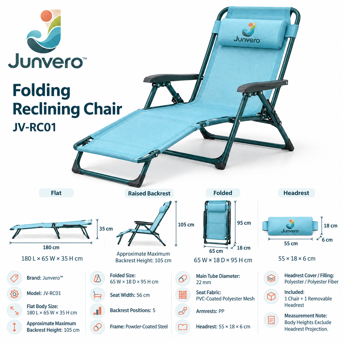 Junvero™ ReclineFold Folding Lounge Chair – Adjustable Outdoor Recliner for Backyard, Patio, Camping & Relaxed Weekend Seating