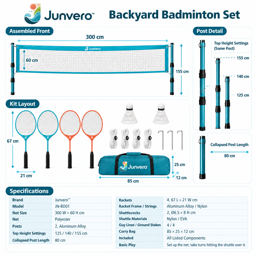 Junvero™ RallyYard Backyard Badminton Set – Portable Net, Rackets & Shuttlecock Game Kit for Family Outdoor Play