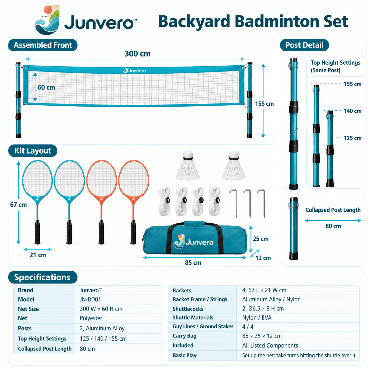 Junvero™ RallyYard Backyard Badminton Set – Portable Net, Rackets & Shuttlecock Game Kit for Family Outdoor Play