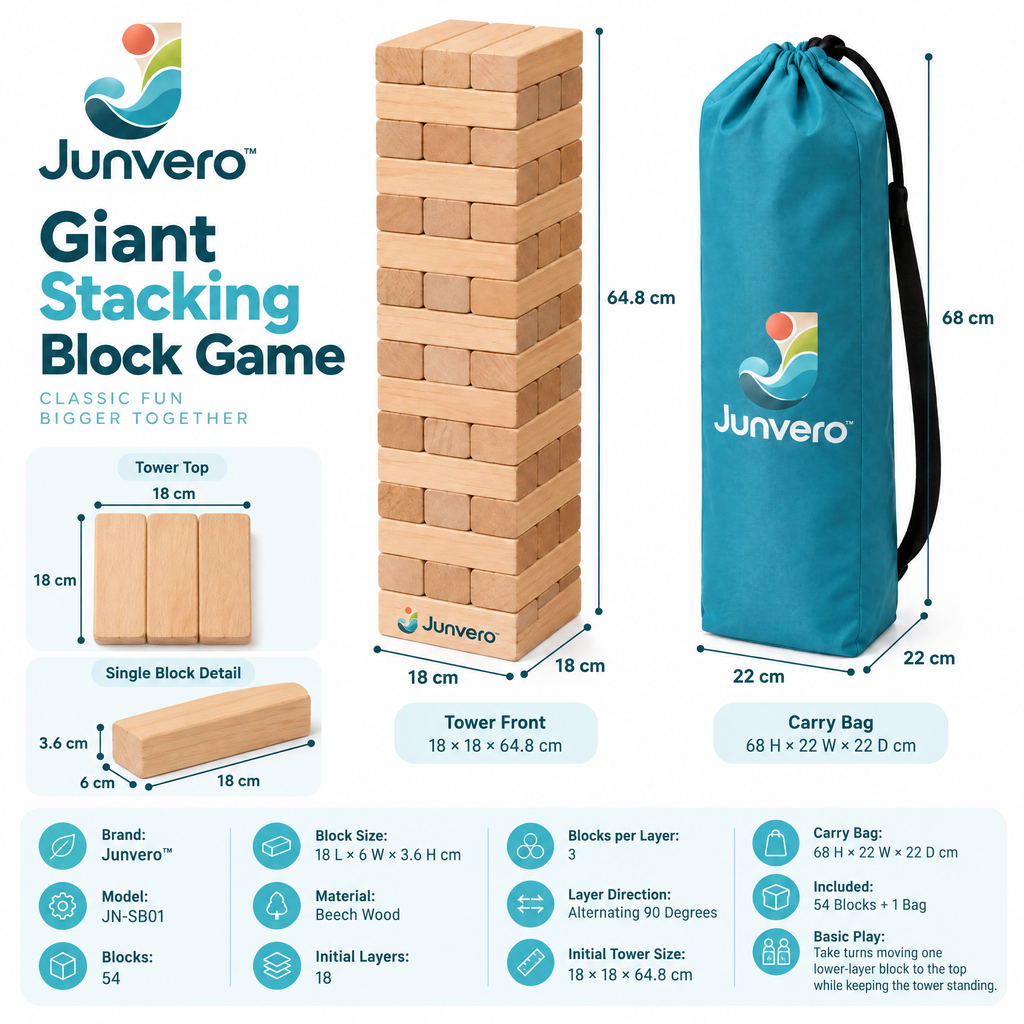 Junvero™ TowerTumble Giant Stacking Block Game – Oversized Wooden Balance Game for Backyard Parties, Family Gatherings & Outdoor Fun