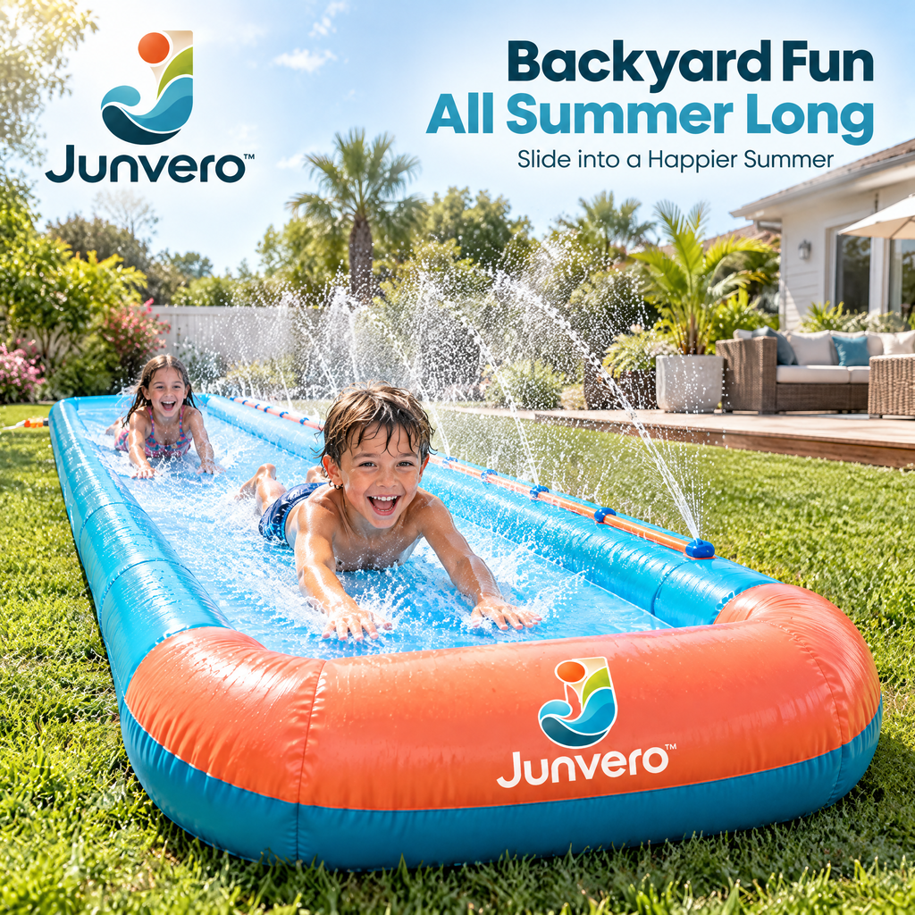 Junvero™ AquaRush Inflatable Water Slide – Backyard Splash Slide with Water Spray for Summer Outdoor Family Fun