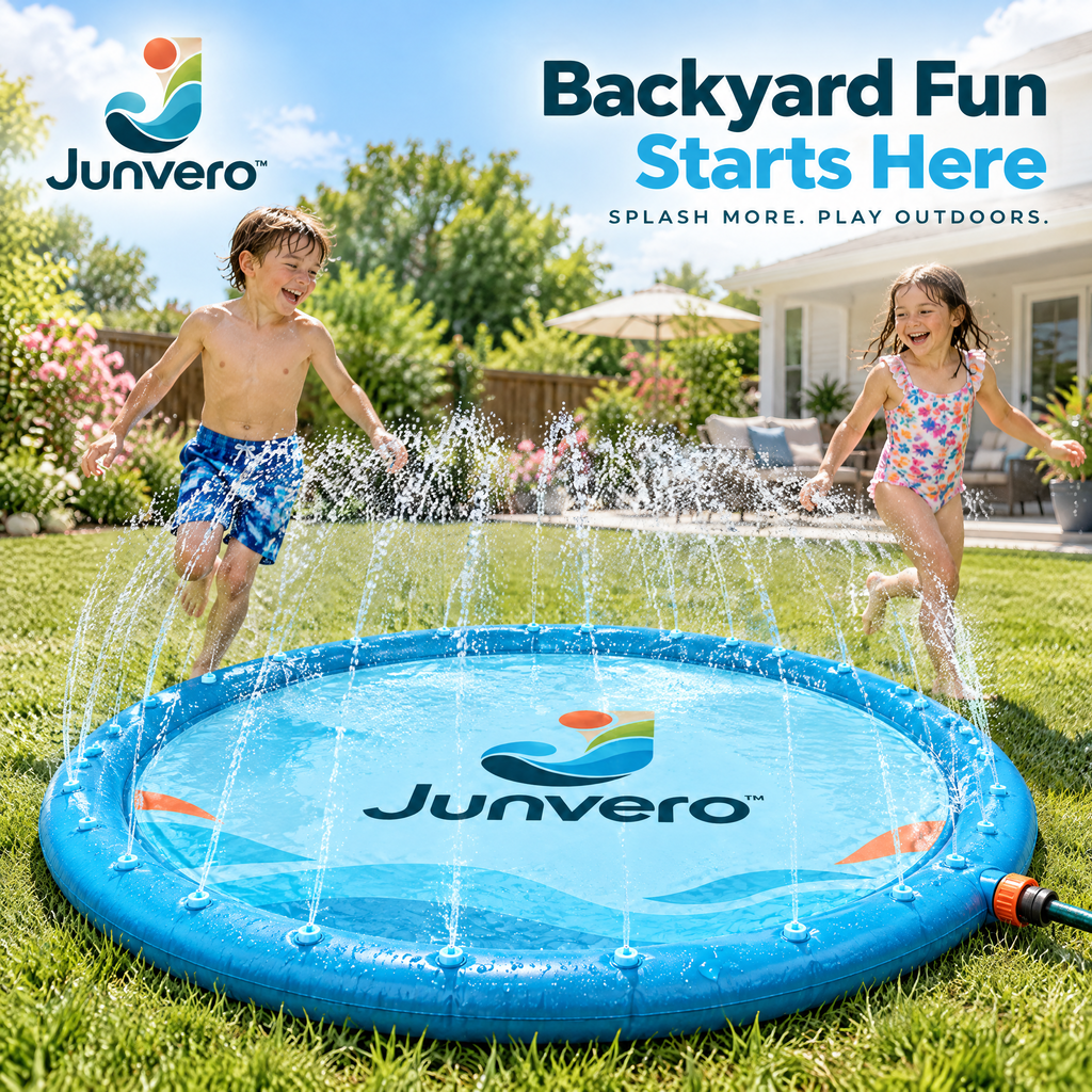 Junvero™ SplashOrbit Backyard Splash Pad – Outdoor Water Play Mat with Surrounding Sprinkler Jets for Summer Family Fun