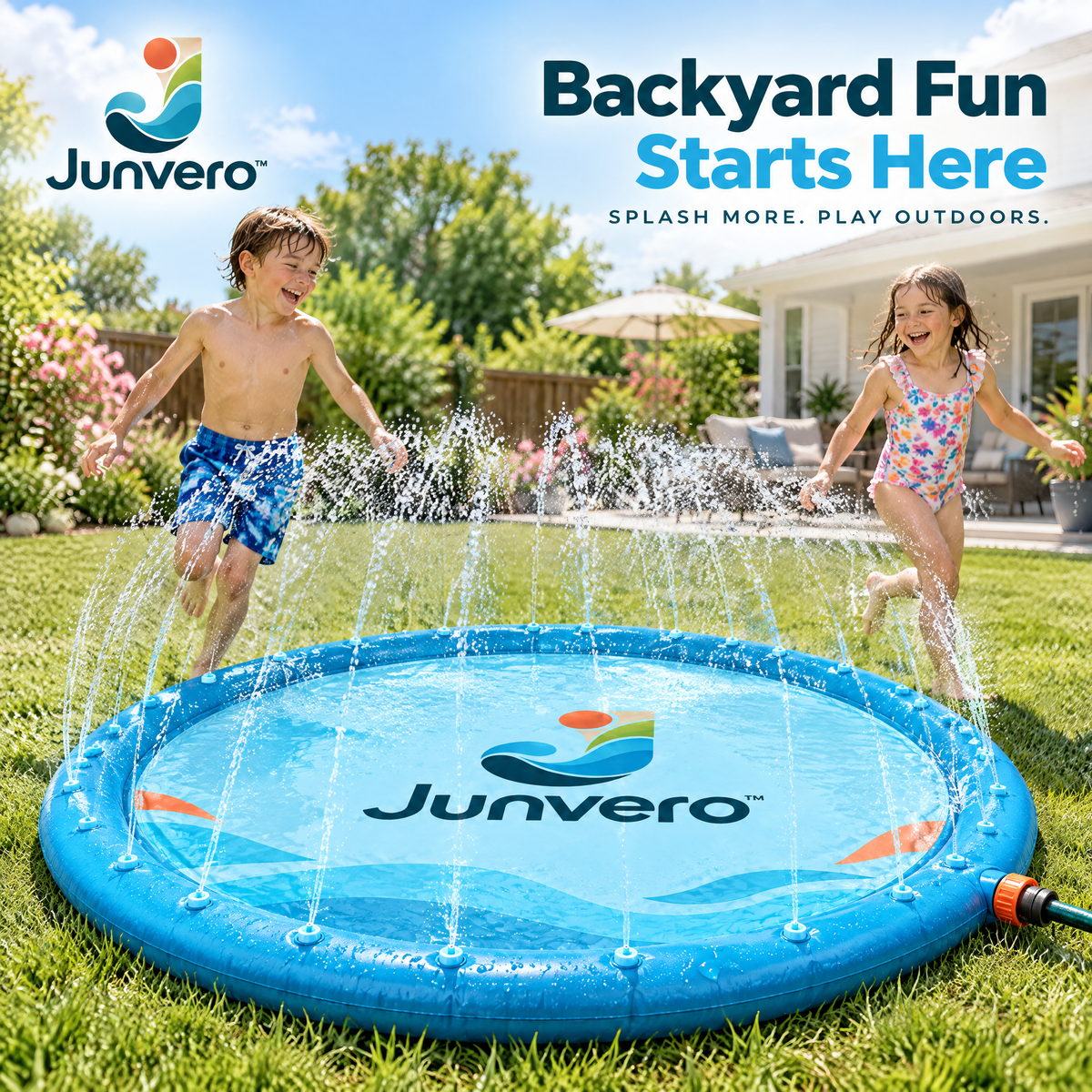 Junvero™ SplashOrbit Backyard Splash Pad – Outdoor Water Play Mat with Surrounding Sprinkler Jets for Summer Family Fun