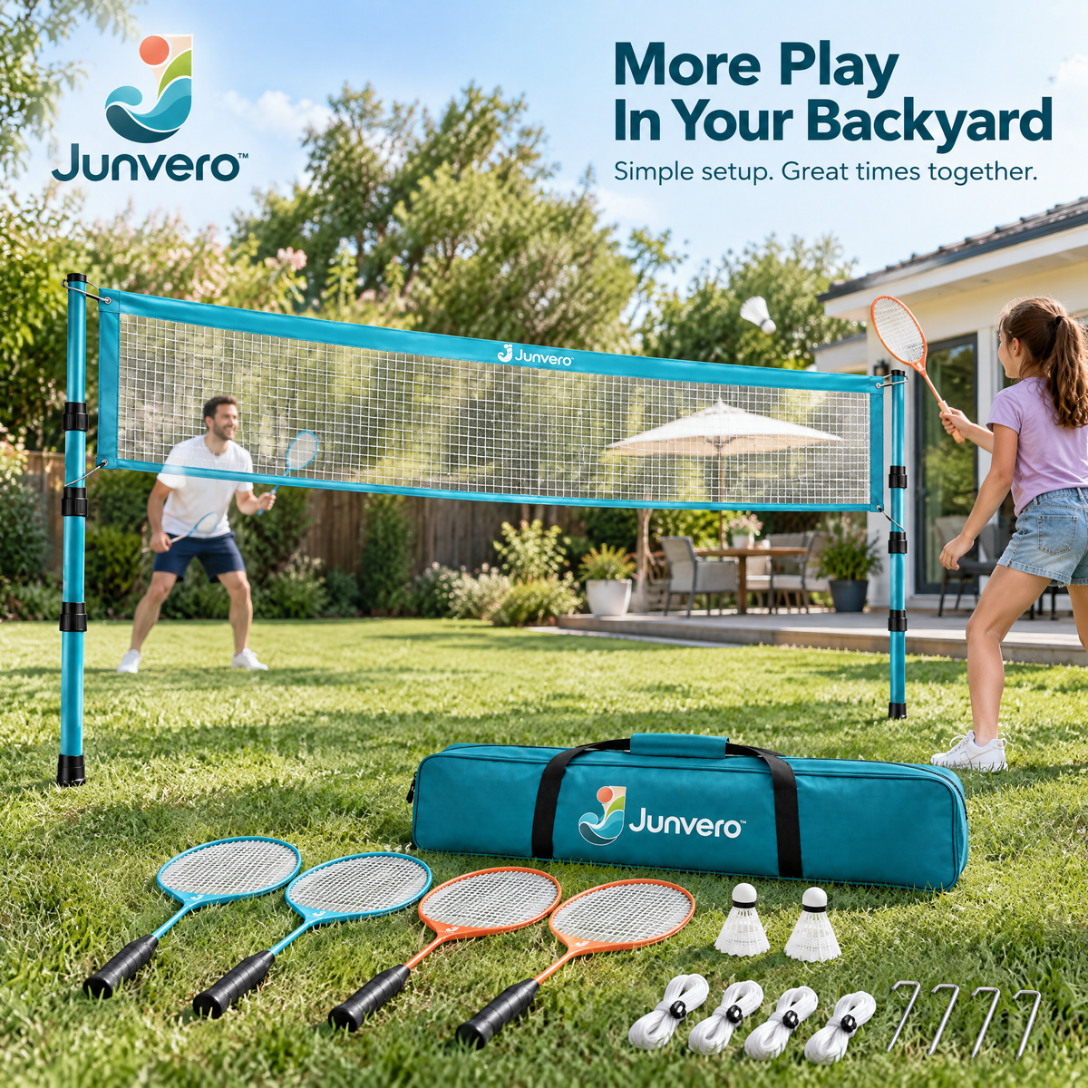 Junvero™ RallyYard Backyard Badminton Set – Portable Net, Rackets & Shuttlecock Game Kit for Family Outdoor Play