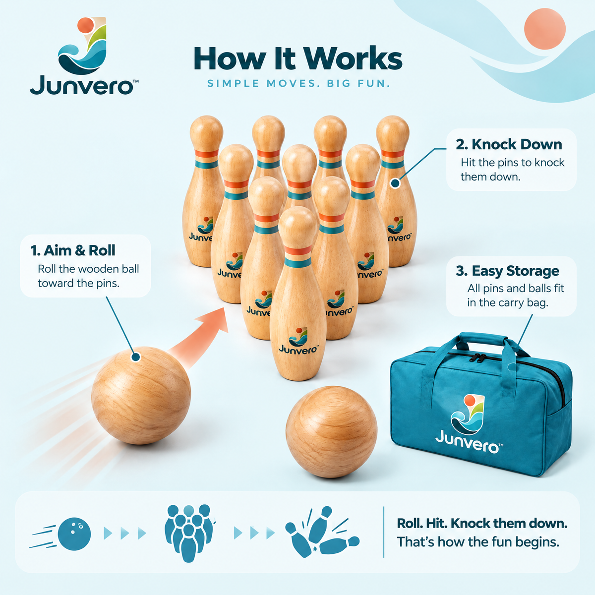 Junvero™ RollStrike Lawn Bowling Set – Outdoor Rolling Pin Game for Backyard Parties, Family Play & Casual Competitions