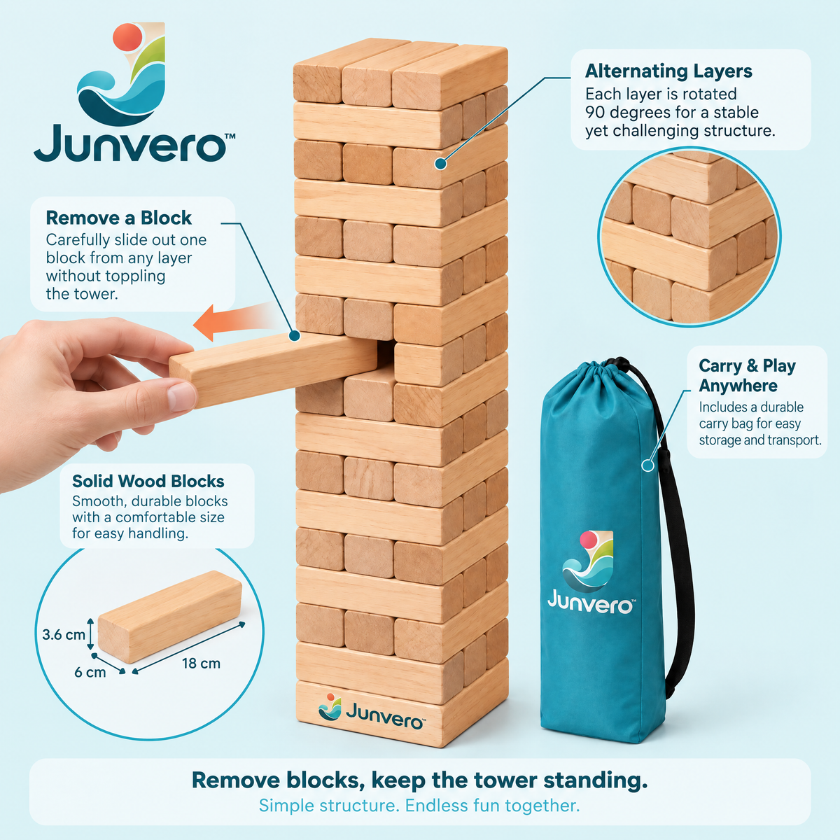 Junvero™ TowerTumble Giant Stacking Block Game – Oversized Wooden Balance Game for Backyard Parties, Family Gatherings & Outdoor Fun