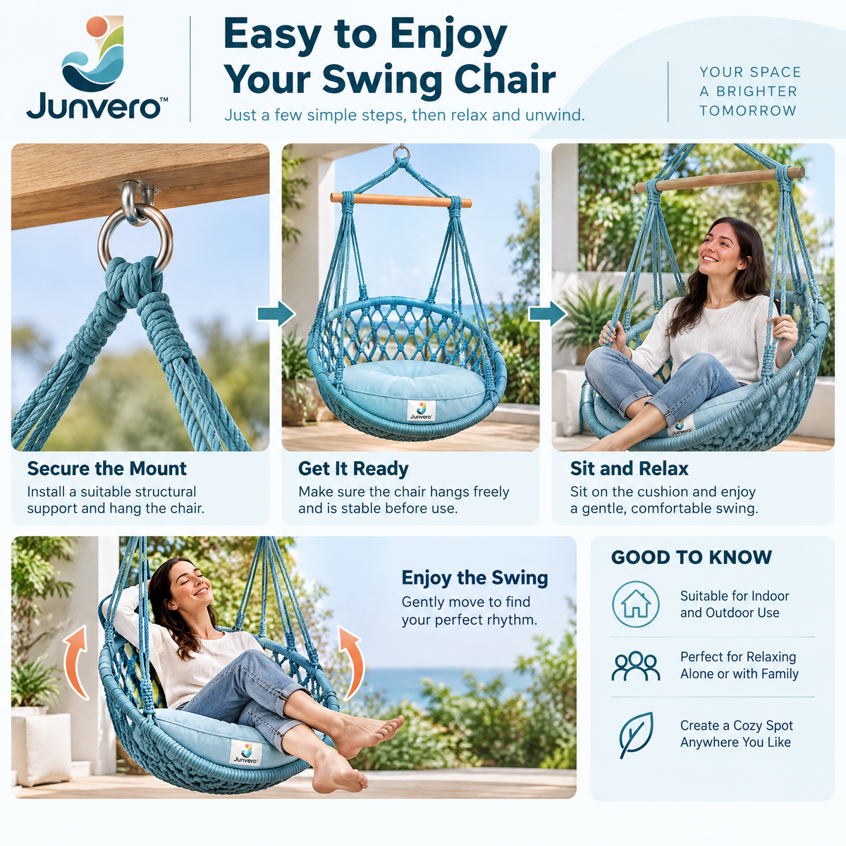 Junvero™ SwayNest Hanging Swing Chair – Suspended Lounge Seat for Backyard, Porch, Patio & Relaxing Outdoor Spaces