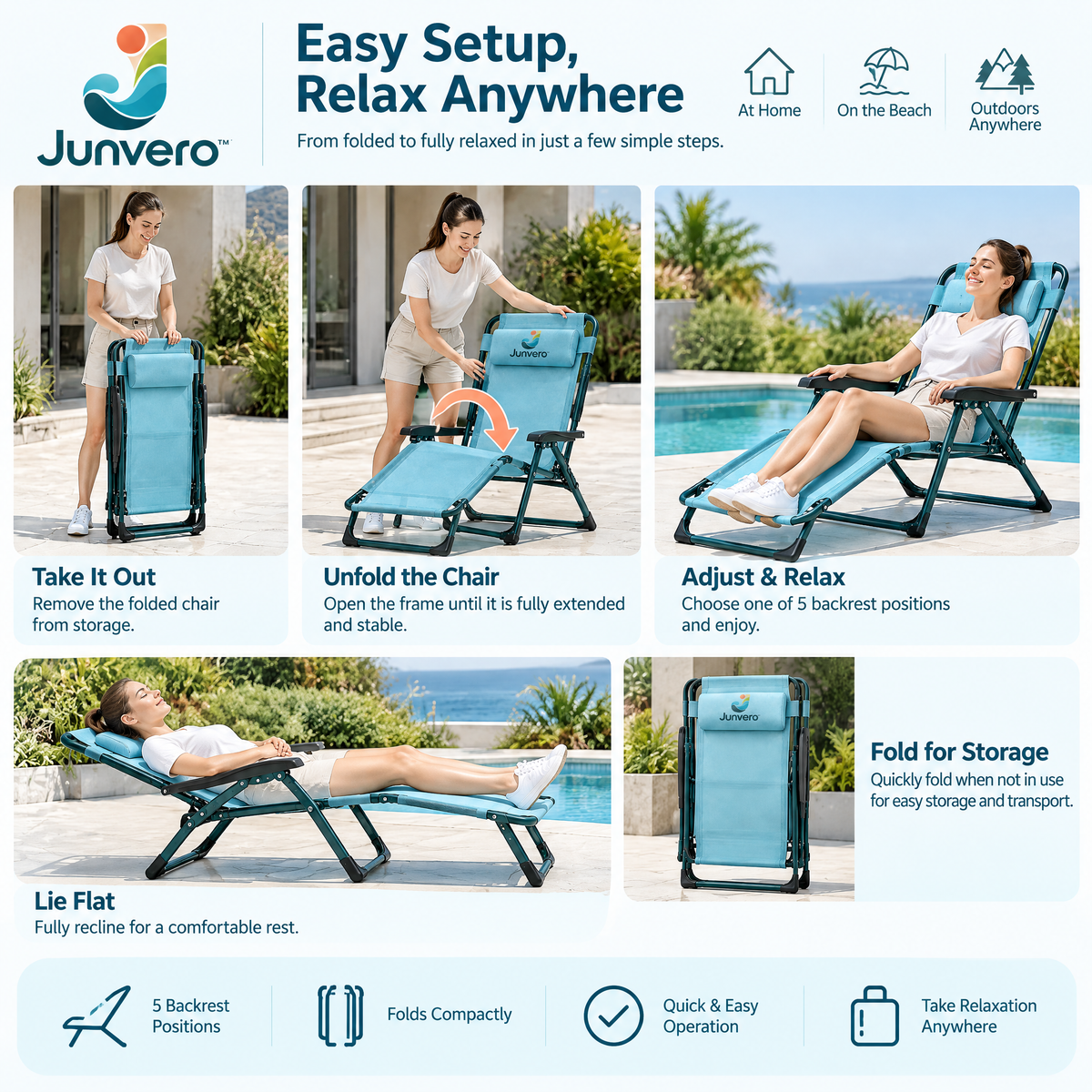 Junvero™ ReclineFold Folding Lounge Chair – Adjustable Outdoor Recliner for Backyard, Patio, Camping & Relaxed Weekend Seating