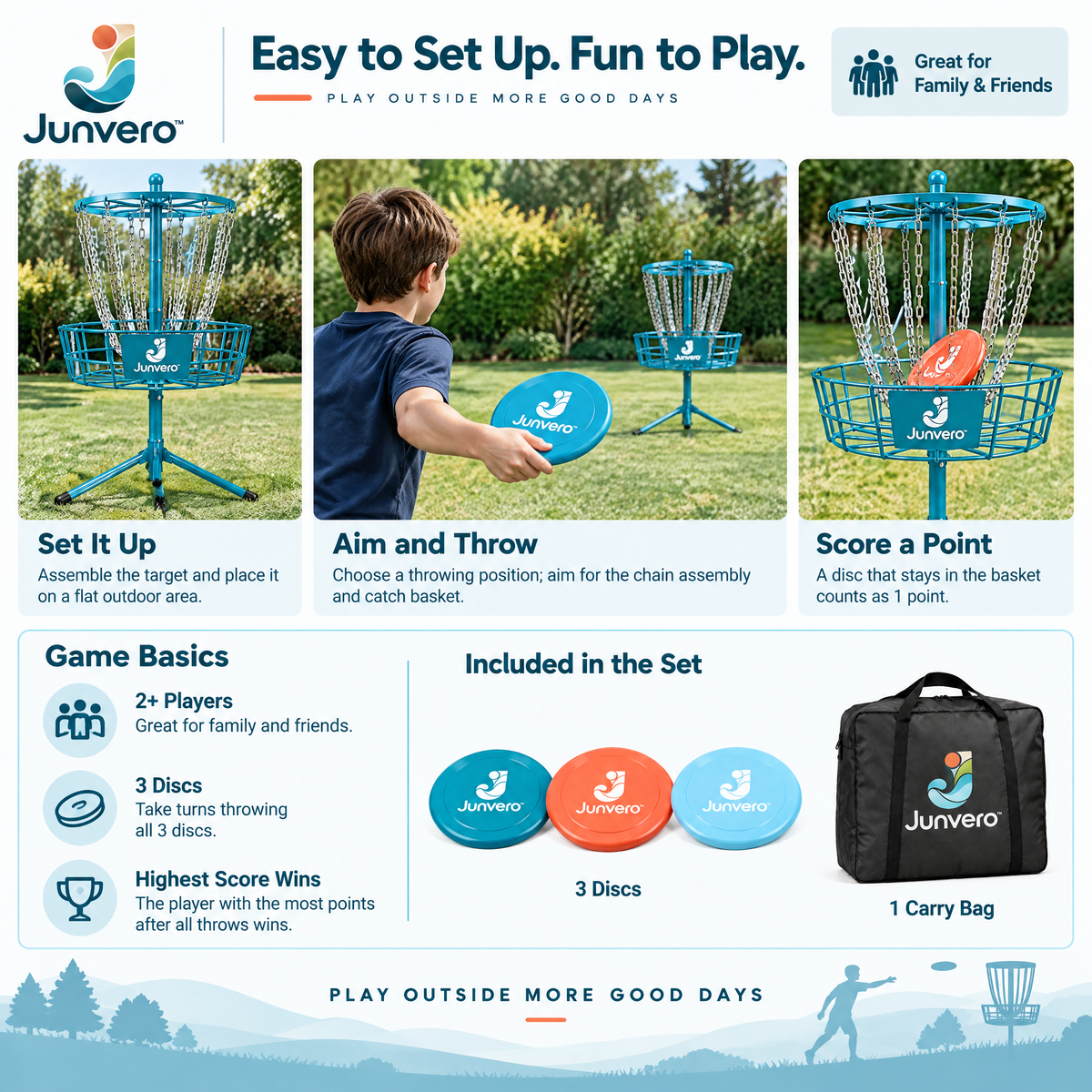 Junvero™ FlightCatch Outdoor Flying Disc Target – Portable Disc Toss Challenge for Backyard Games, Camping & Family Recreation