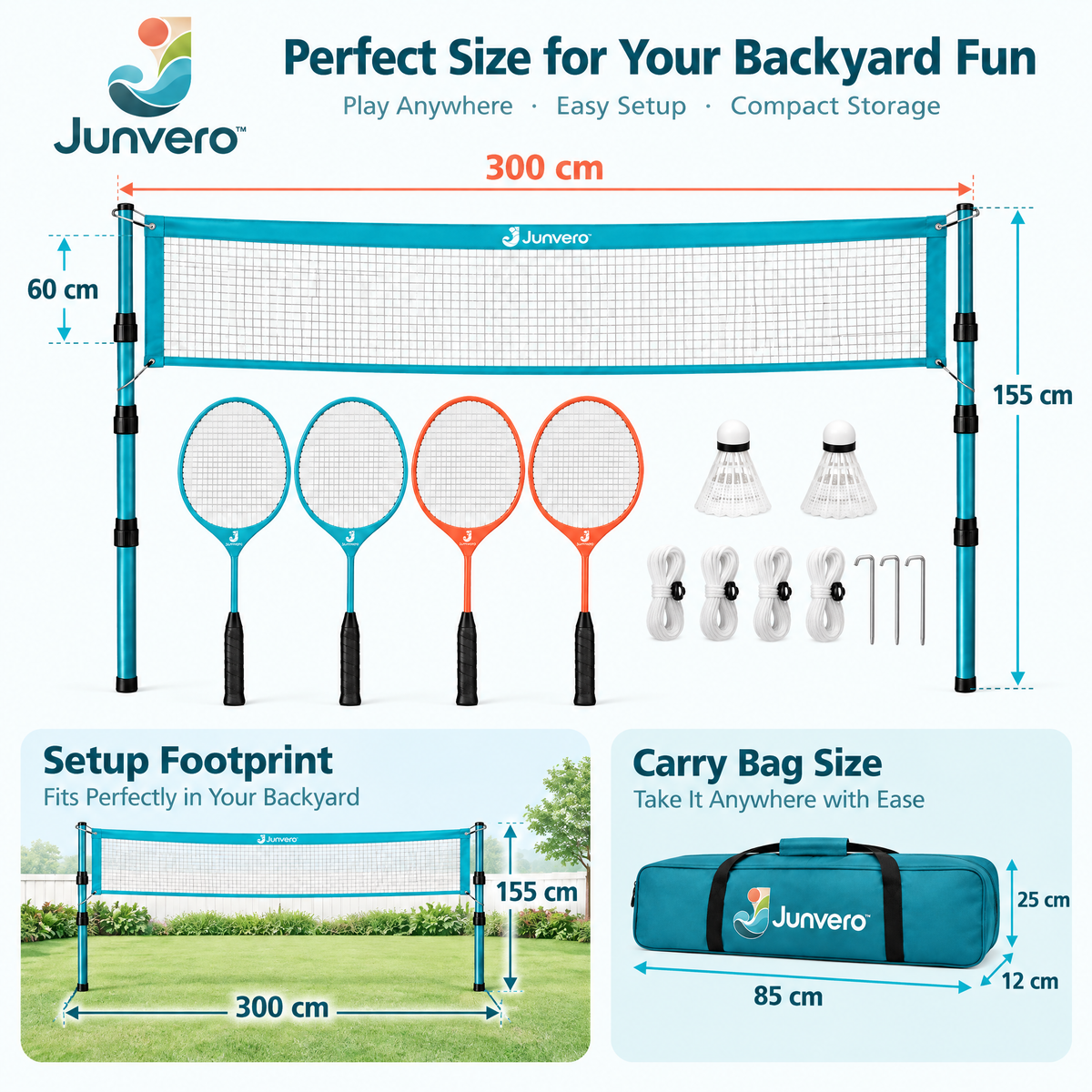Junvero™ RallyYard Backyard Badminton Set – Portable Net, Rackets & Shuttlecock Game Kit for Family Outdoor Play
